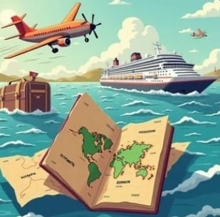 Ilustração de uma viagem entre avião, navio, malas e passaporte